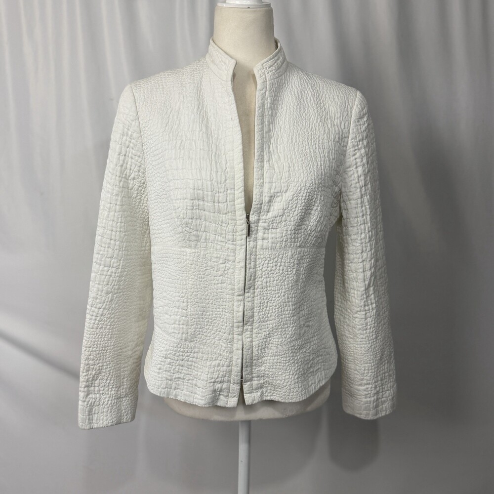 Lafayette 148 New York Sz 10 White Quilted Seersucker Zip Jacket